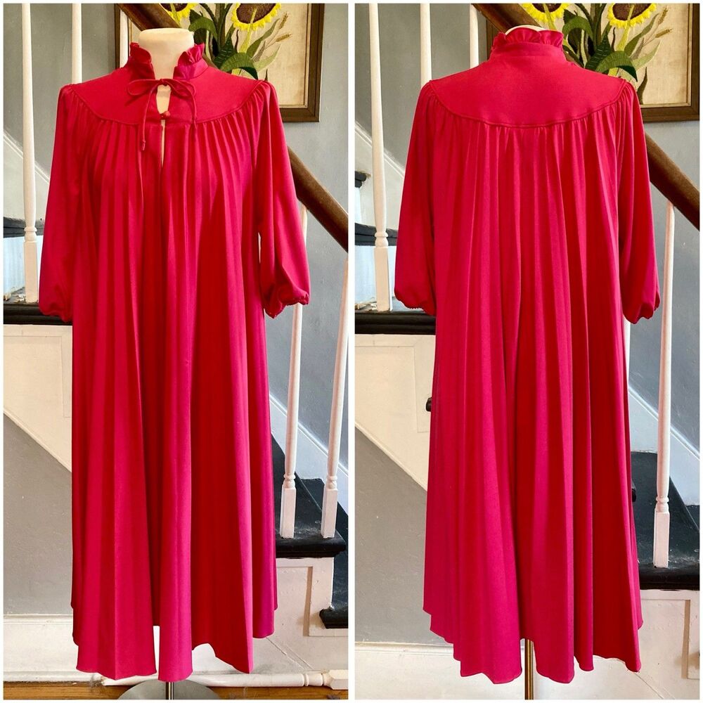 1970s 1980s Knit Lounge Trapeze Dress Hot Pink Fuchsia Pleated Tent Dress